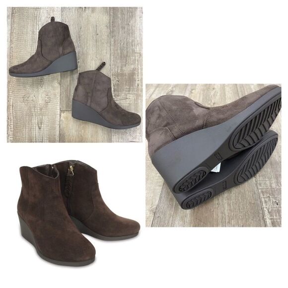 𝅺Crocs Leigh Synth Suede Wedge Booties In Espresso - Picture 1 of 5